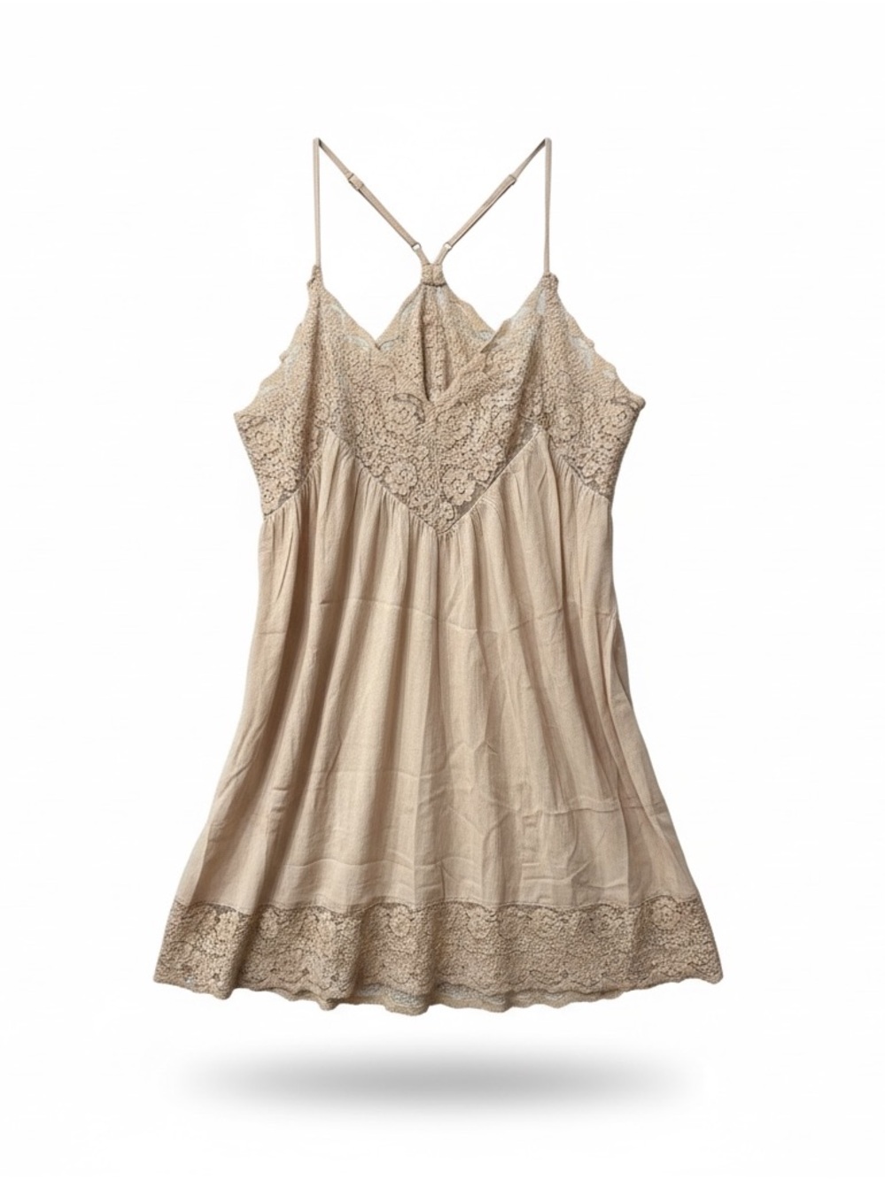 NWT Lace Trim Boho Slip Mini Dress Beige Adjustable Straps